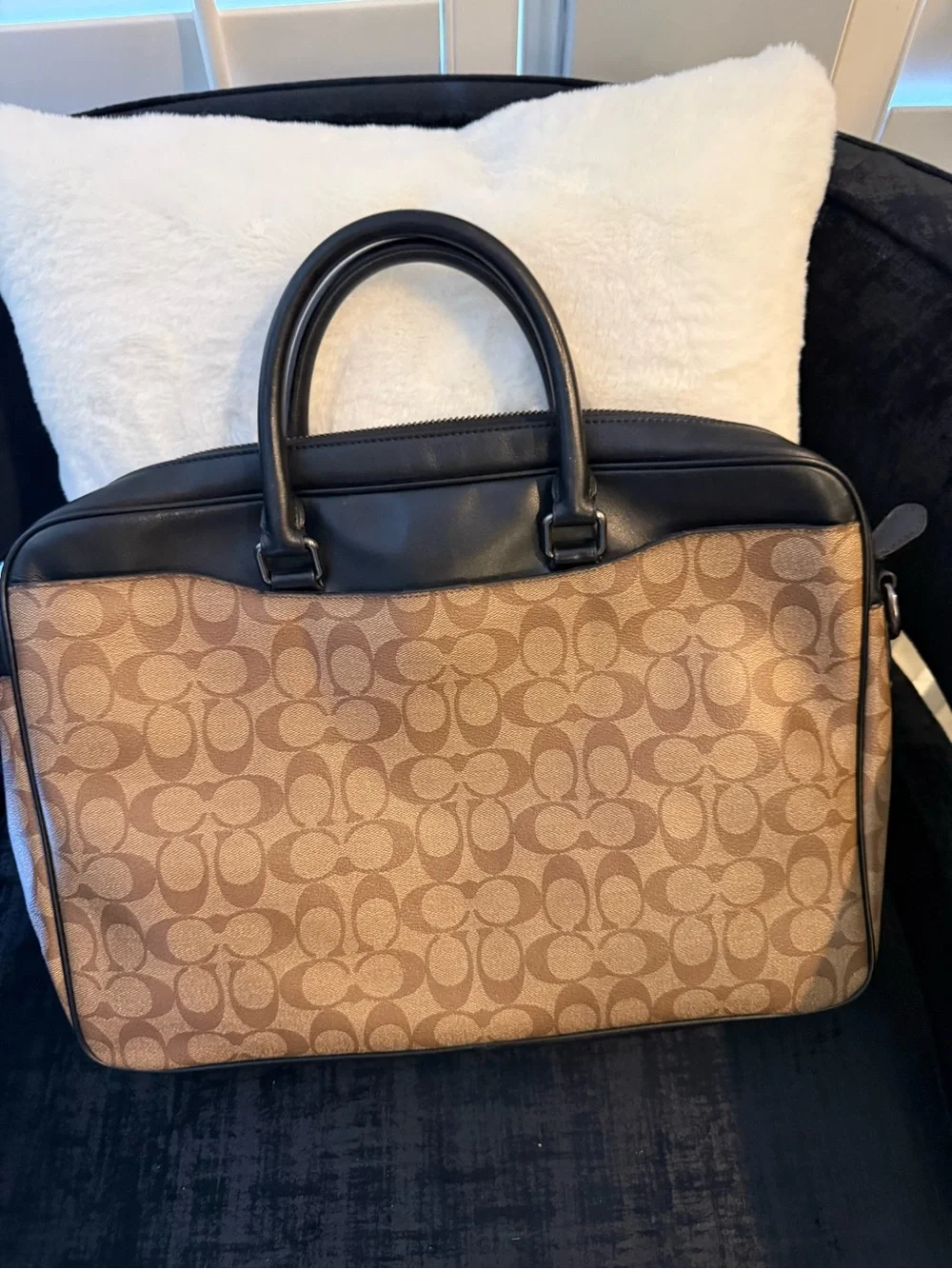Coach Brown Signature Canvas Briefcase with Black Leather Trim
